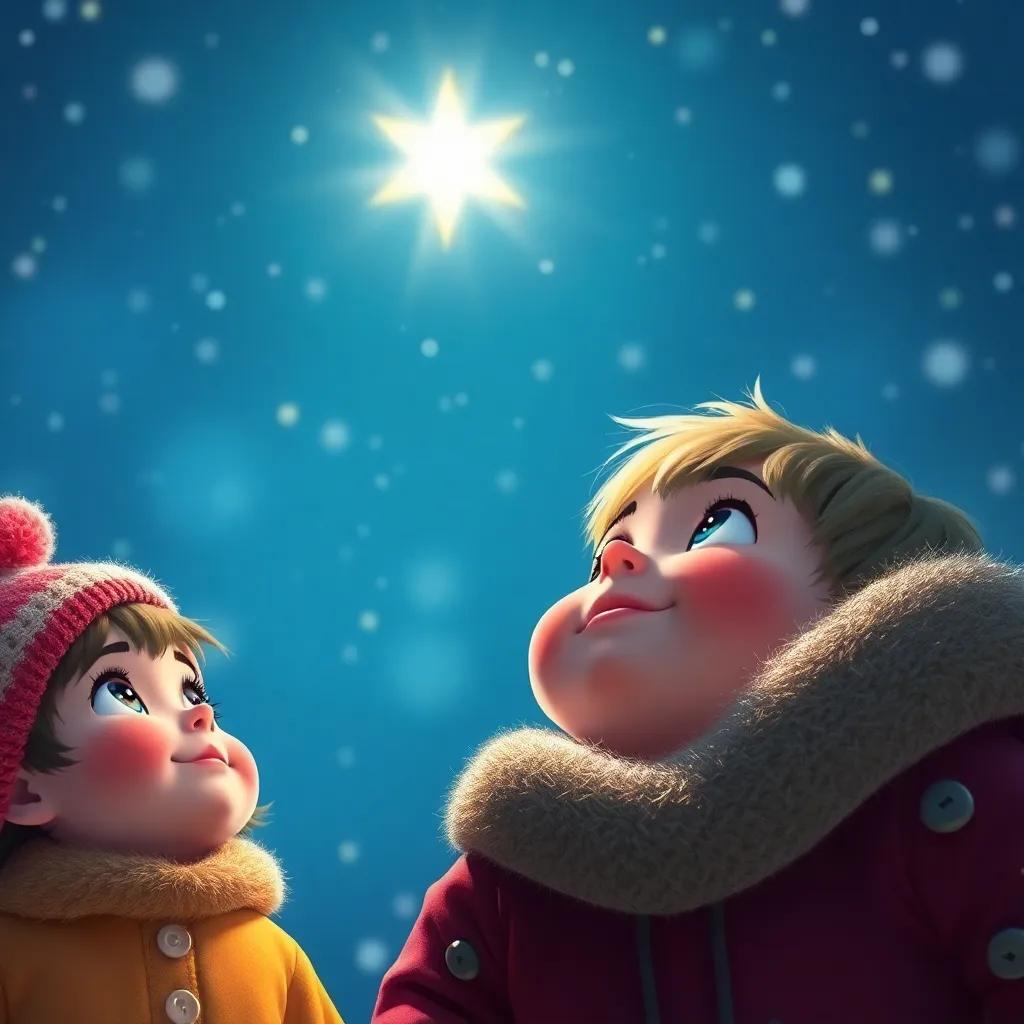 Children looking up at the beautiful star, their eyes filled with wonder, with twinkling lights in the background, winter night, bright and colorful, heartfelt scene, digital art