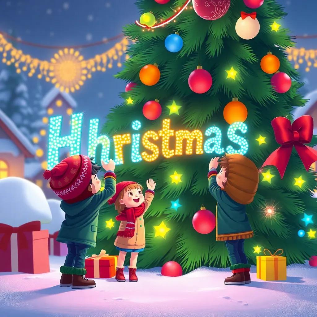 Kids happily creating a colorful sign with lights and decorations, placing it on a large Christmas tree, surrounded by snowy ground and glowing decorations, inviting and cheerful, illustration