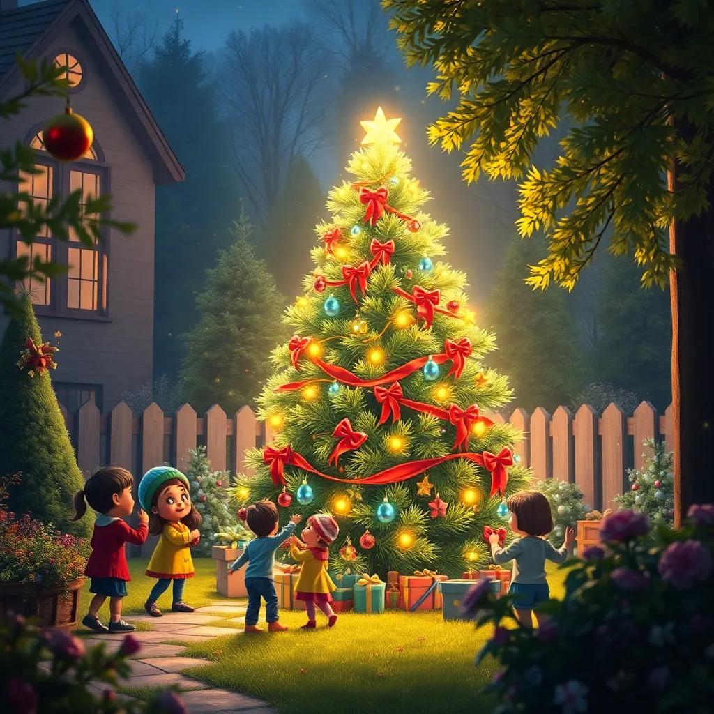 A beautifully decorated Christmas tree shining brightly in the garden, with colorful ribbons and lights, children celebrating around it, magical atmosphere, warm light, digital painting