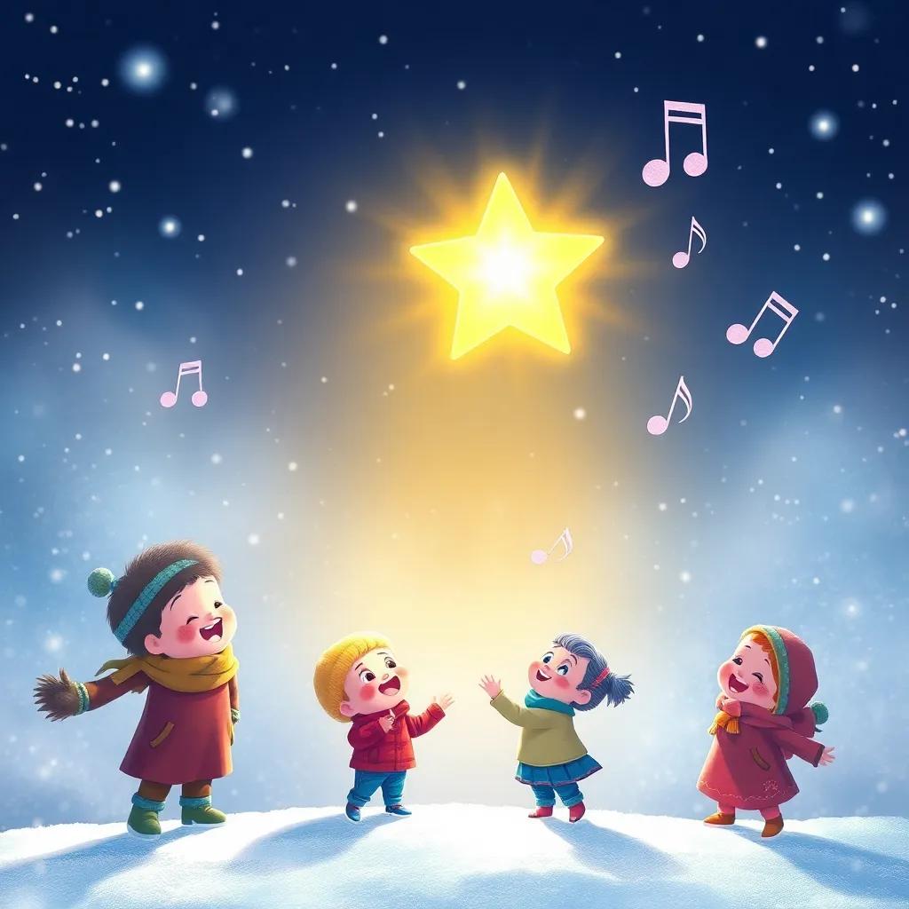 A radiant star shining brighter above the joyful children, with musical notes floating in the air, representing love and happiness, sparkling snowy night, vibrant colors, touching scene, illustration