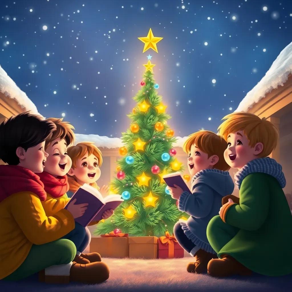 Children gathering around the beautifully illuminated Christmas tree, joyfully singing carols, with a starry sky and falling snow in the background, warm and cozy, inviting atmosphere, digital art