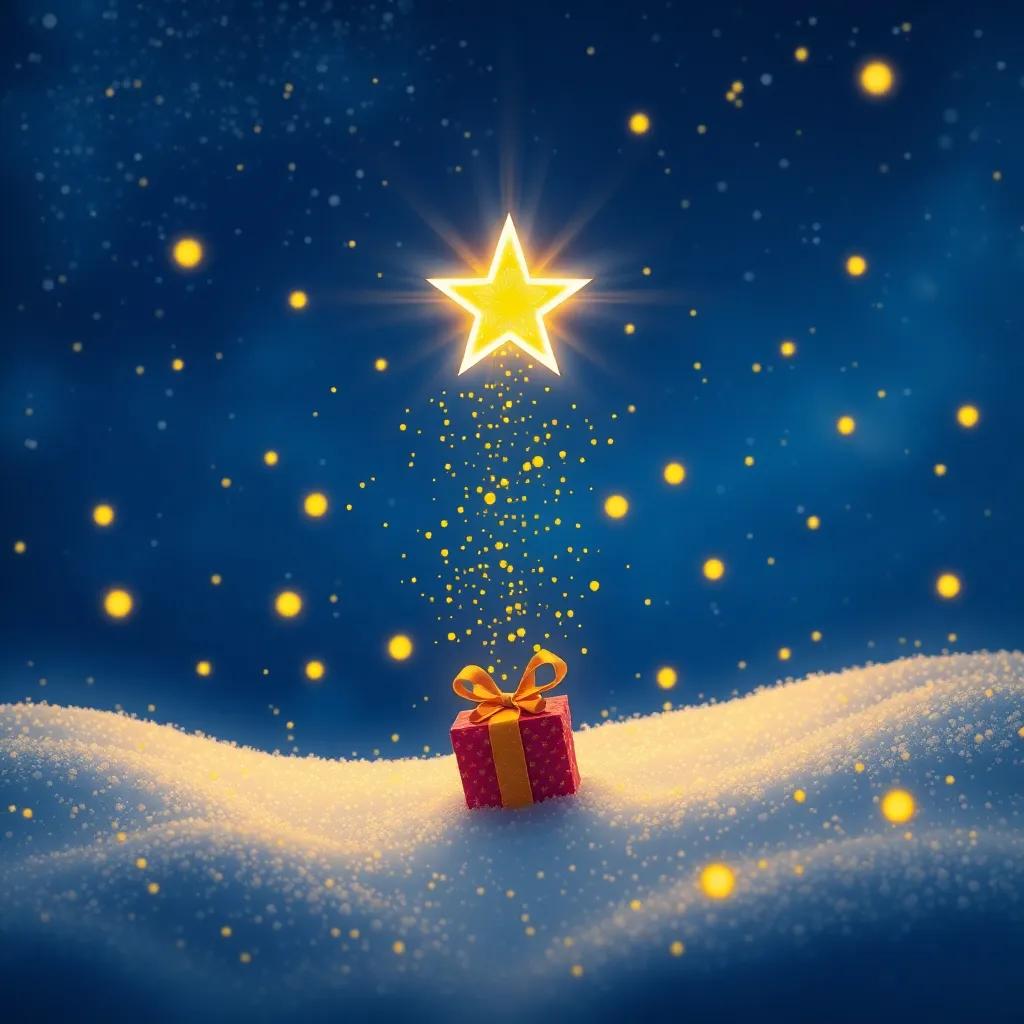 A dazzling star showering the ground with golden snowflakes, representing a magical gift for the children, shining brightly in the night sky, enchanting scene, illustration, fantasy