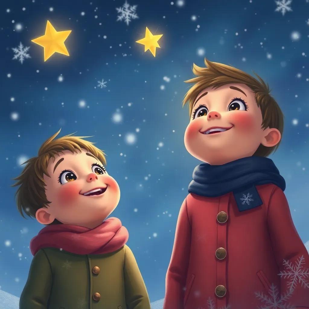 Children looking up at the sky with smiles, knowing their star is watching over them, winter night filled with twinkling lights, heartwarming and joyful, digital painting