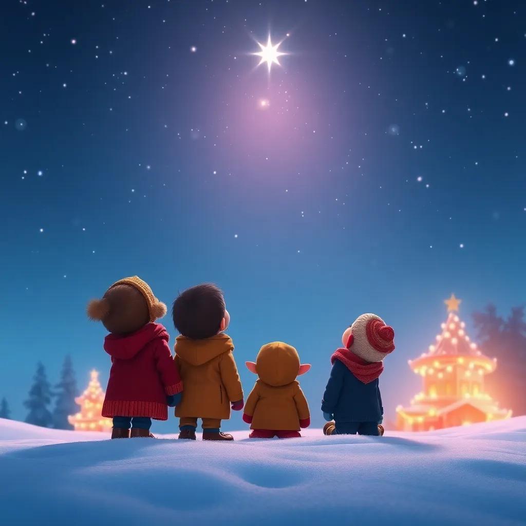 A heartwarming scene of children gazing up at the shining star, knowing they are always connected, tranquil snowy landscape with festive spirit, vibrant color, digital art