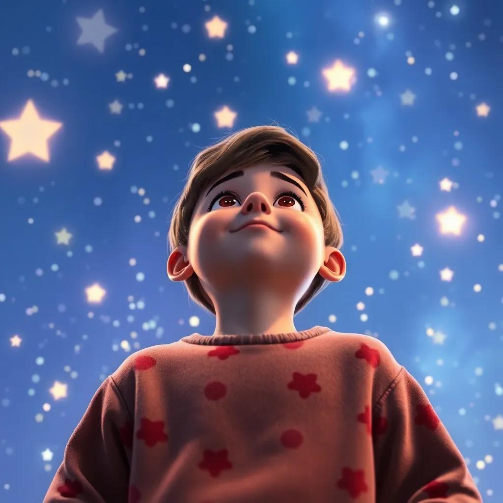 A clear night sky with bright shining stars, a young boy named Lucas, with short brown hair, wearing a cozy pajama shirt, looking up in awe, the scene is magical and mysterious, digital art, whimsical lighting, vibrant colors, joyful perspective, high quality