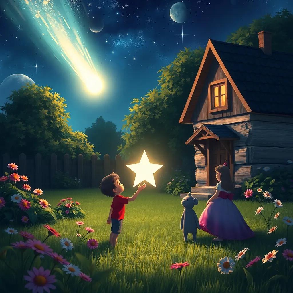 A glowing comet landing in a garden, next to a small house, a young boy and girl, Lucas and Sofía, gathering around the bright star, the grass is green, and flowers bloom joyfully around, digital painting, detailed colors, magical atmosphere, inviting view, high quality