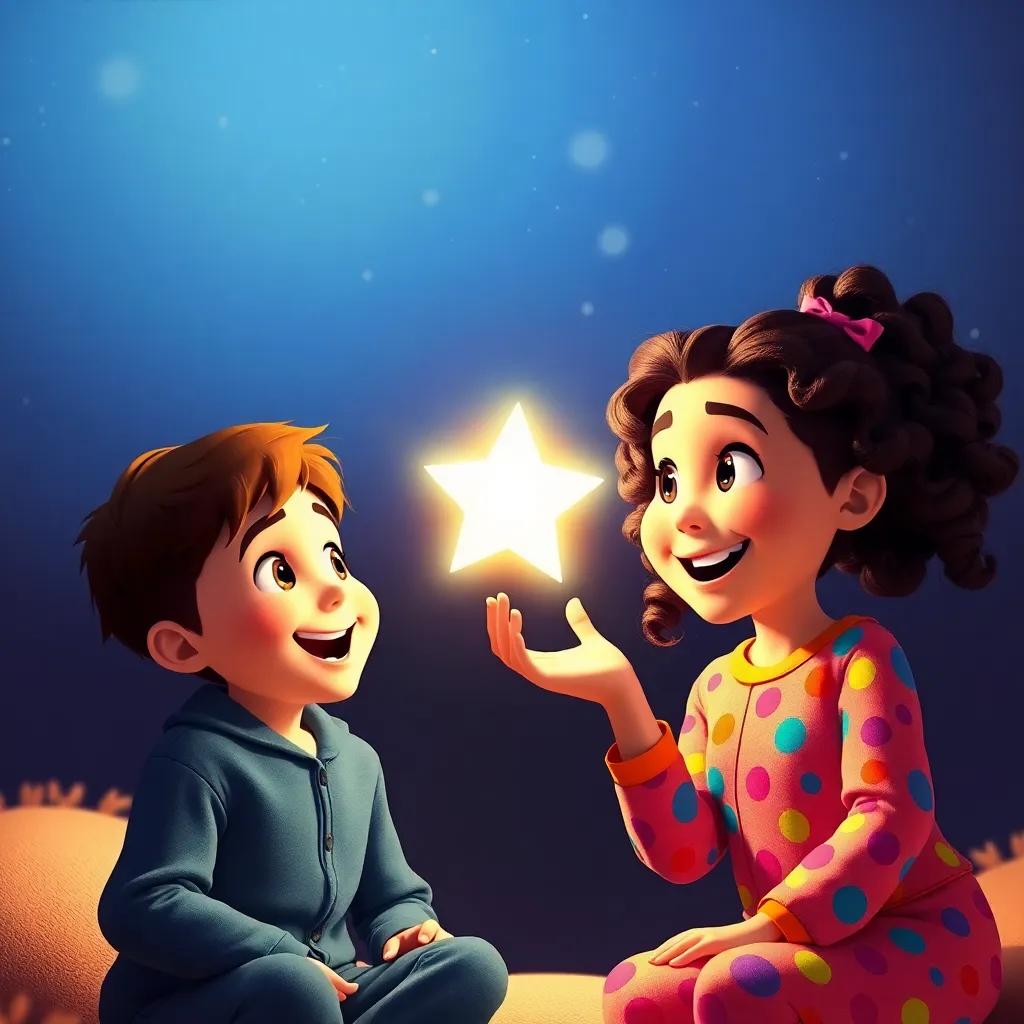 Lucas, a young boy with short brown hair in pajamas, and Sofía, his sister, with long curly hair in colorful pajamas, excitedly discussing their wishes, the glowing star shining brightly in front of them, soft light, friendly colors, child-safe ambiance, dynamic angle, high quality