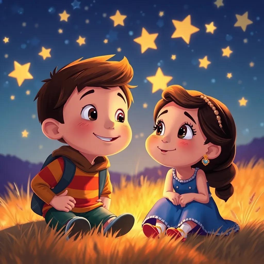 A whimsical scene showing Lucas and Sofía imagining their dreams, stars twinkling in the background, thinking of all the great things they could wish for, digital art, lively and bright, warm and hopeful tones, narrative perspective, high quality