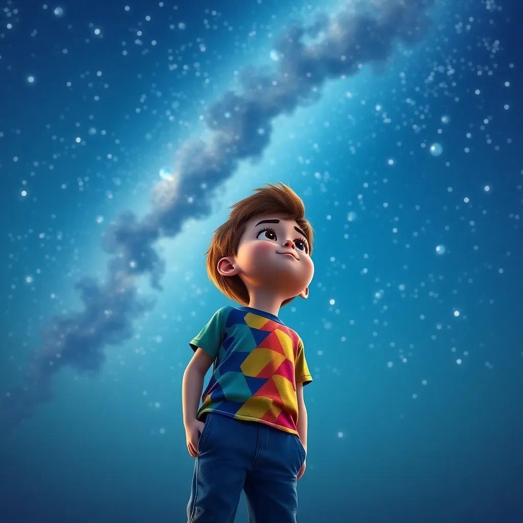 Un niño llamado Tomás, de 5 años, con cabello castaño, usando una camiseta colorida y pantalones cortos, mirando emocionado al cielo estrellado, digital art, noche clara, colores vibrantes, perspectiva desde abajo, alta calidad