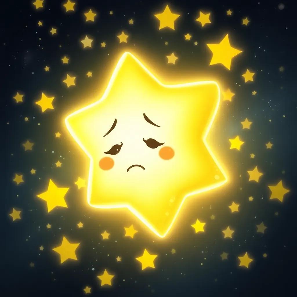 Una estrella brillante, de luz dorada, con cara triste, flotando cerca de Tomás, rodeada de un fondo oscuro lleno de estrellas titilantes, ilustración, mágica, color cálido, enfoque en la estrella, arte infantil, alta calidad