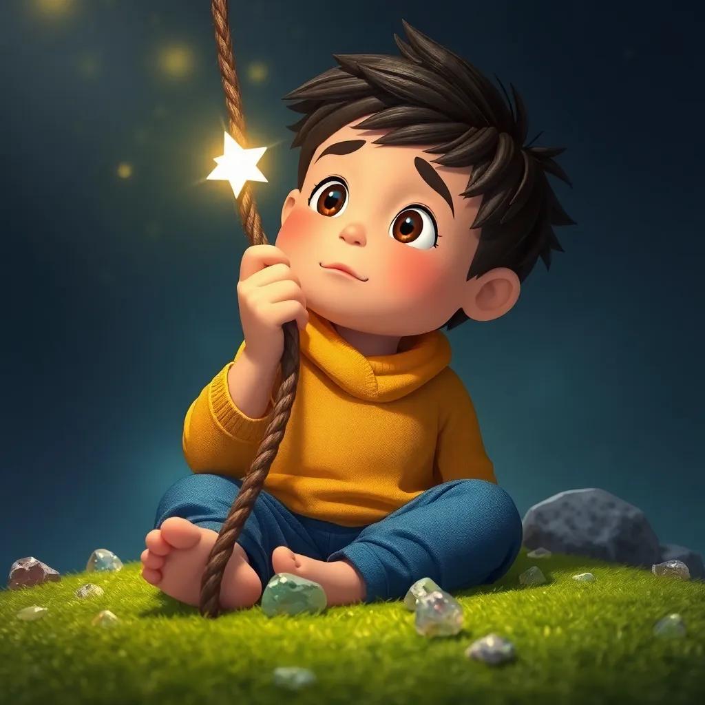 Tomás, sosteniendo una cuerda y piedras brillantes, pensando en cómo ayudar a la estrella, sentado en el suelo con pasto verde, detalle encantador, arte digital, cálido y acogedor, perspectiva en primera persona, alta calidad