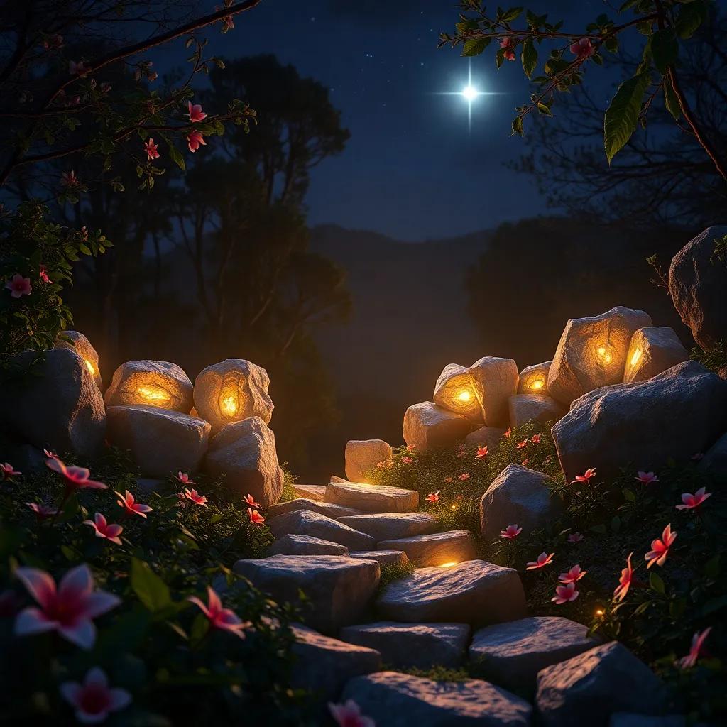Piedras brillantes formando un sendero luminoso en la noche oscura, con la estrella iluminándose, rodeadas de flores y hojas, escena mágica, coloridos y vibrantes, digital art, ambiente encantador, alta calidad