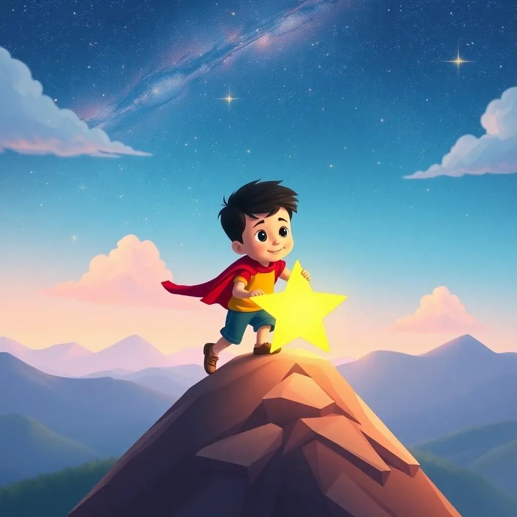 Tomás y la estrella unidos, subiendo la colina más alta, con un hermoso paisaje de fondo y estrellas en el cielo, ilustración alegre, colores brillantes, perspectiva amplia, arte infantil, alta calidad