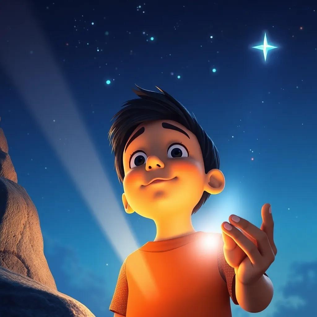 Tomás sosteniendo la linterna mágica, el brillo iluminando su rostro y el cielo, con la estrella viéndolo desde abajo, enfoque emocional, digital illustration, colores cálidos, escena mágica, alta calidad