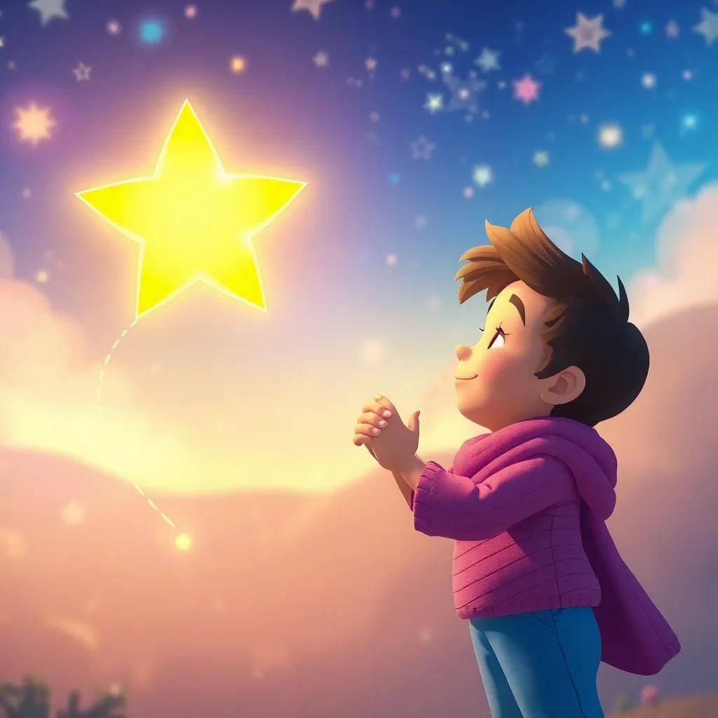 La estrella brillando de felicidad, elevándose hacia el cielo estrellado, tomándose de la mano de Tomás, quienes se despiden, con un fondo de colores vibrantes y mágicos, arte digital, ambiente nostálgico, alta calidad