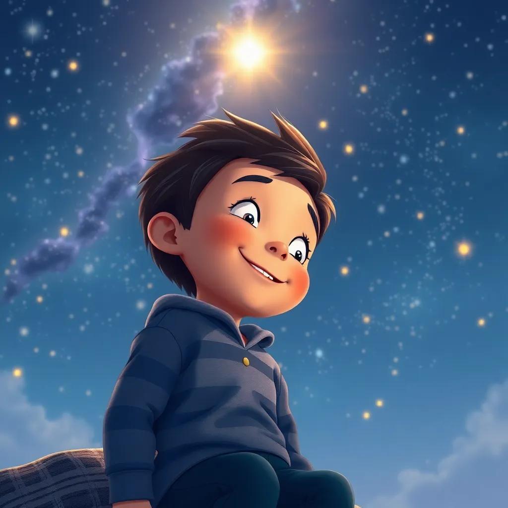 Tomás sonriendo, observando cómo la estrella sube al cielo, con un fondo de estrellas relucientes y un cielo profundo, sentimiento de alegría, ilustración, cálido y satisfactorio, hermosa perspectiva, alta calidad