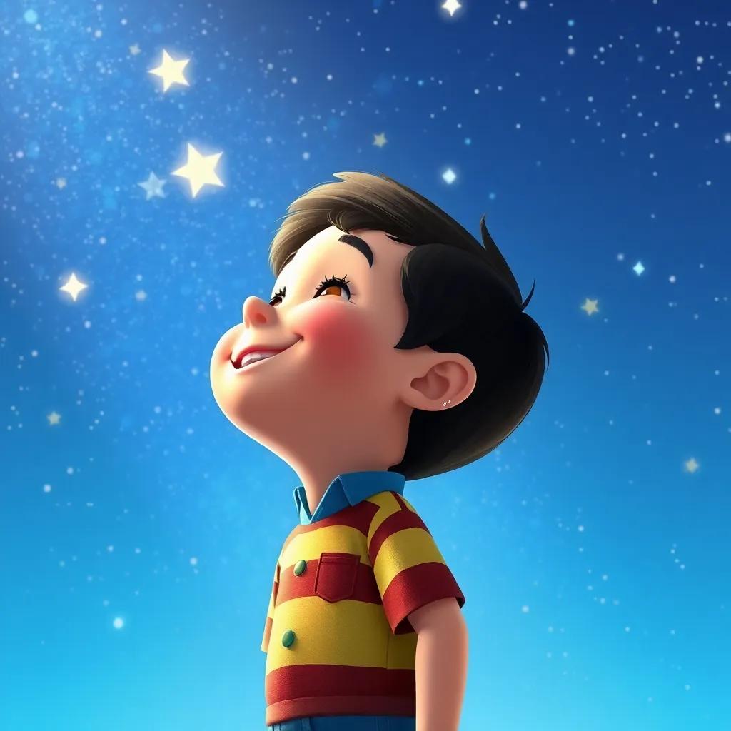 Tomás mirando al cielo estrellado, sonriendo felizmente mientras las estrellas brillan, con una pequeña lágrima de alegría, ilustración mágica, colores hermosos, perspectiva desde abajo, alta calidad