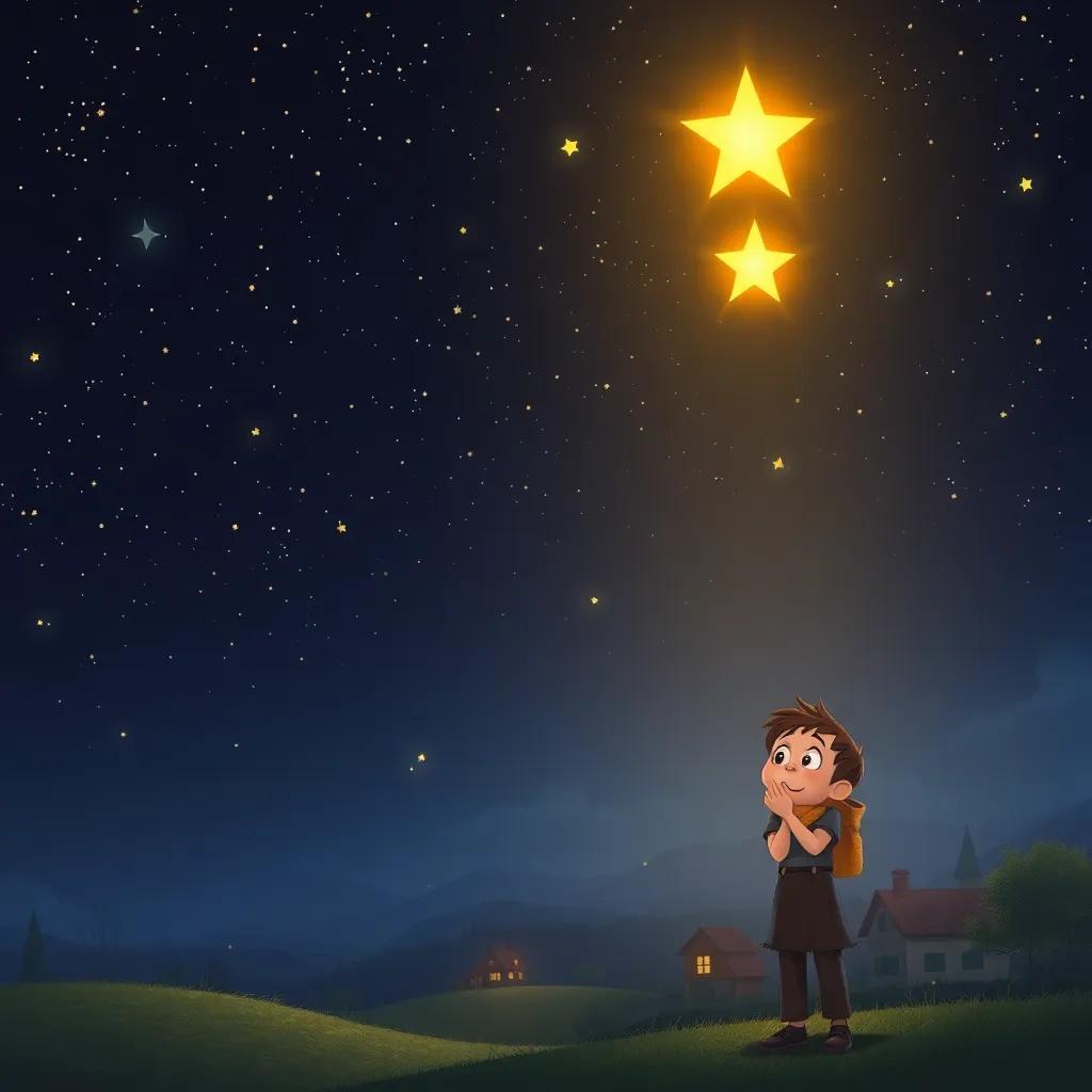 A dark night sky filled with stars, a bright star falling down towards a small village, an excited little boy with bright eyes watching it fall, digital art, whimsical, warm colors, inviting atmosphere, high quality
