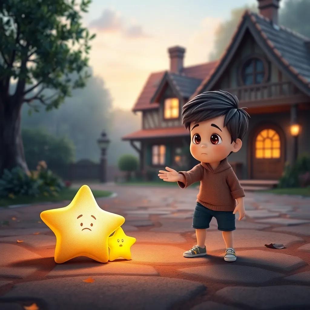 A bright and sad star on the ground, next to the little boy who offers his hand, a cozy village house in the background, soft lighting, vibrant tones, heartwarming scene
