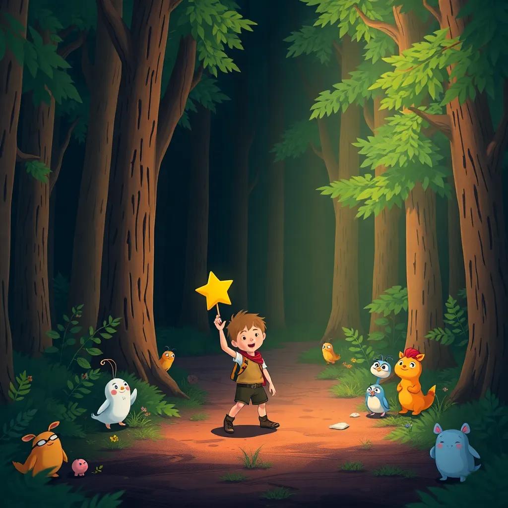 The little boy and the star walking together into a deep forest, surrounded by trees and whimsical creatures looking at them, illustration, cheerful, colorful, adventurous, child-friendly