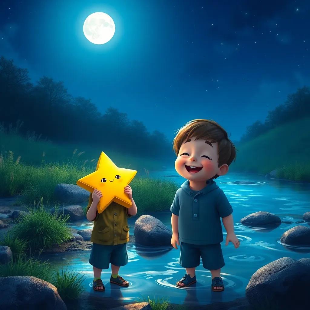 The little boy and the star by a clear stream at night, the moon shining above them illuminating their joyful faces, digital painting, realistic, magical, uplifting