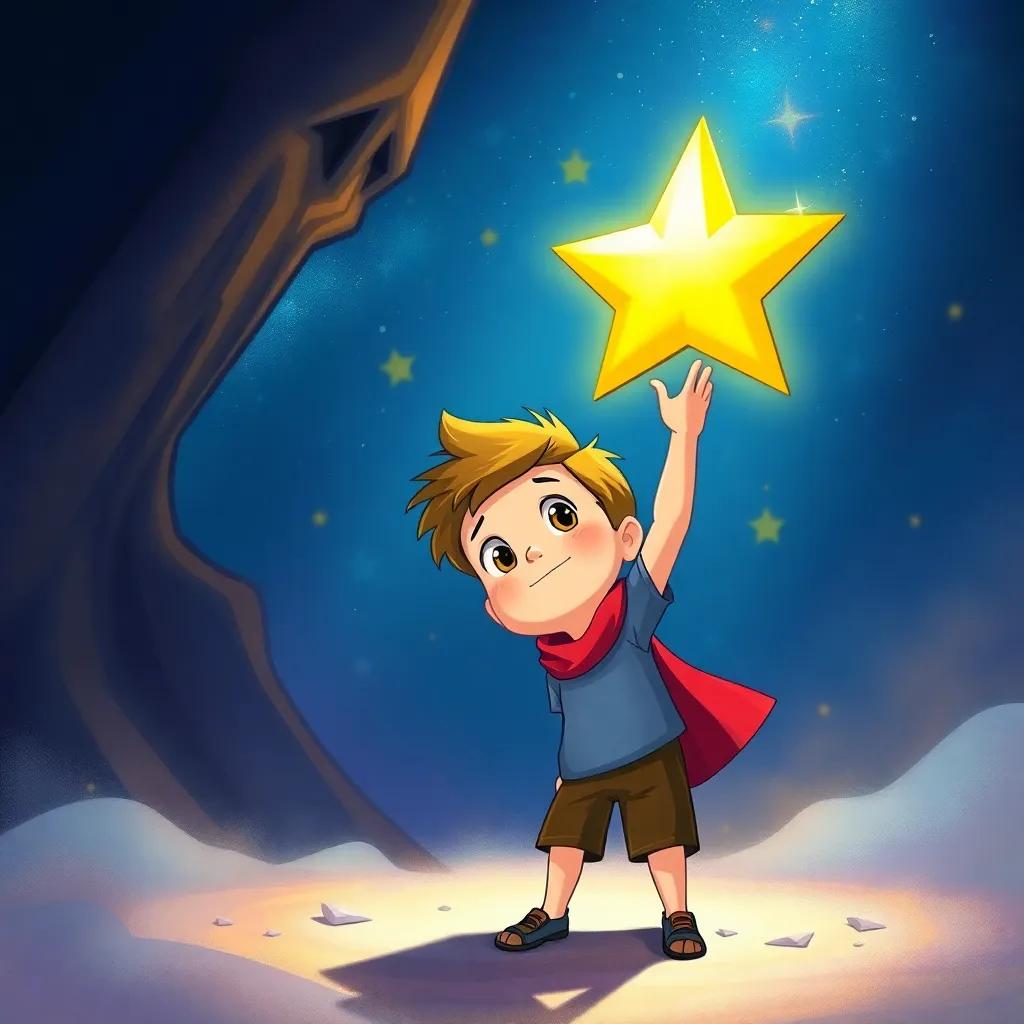 The little boy assuring the star with determination in a magical atmosphere, showing bravery as he faces a dark challenge, colorful, richly detailed, uplifting illustration