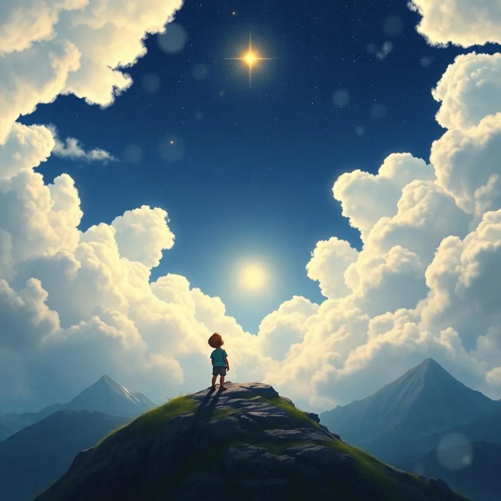 The little boy and the star at the mountain peak, discovering a hidden path to the sky among the fluffy clouds, filled with light, enchanting, vibrant scenery