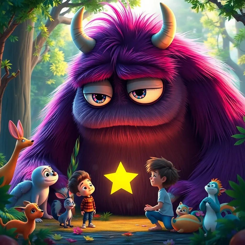 A giant friendly monster with big, sorrowful eyes, listening to the little boy and the star, surrounded by colorful forest fauna, animated scene, cheerful, emotionally rich