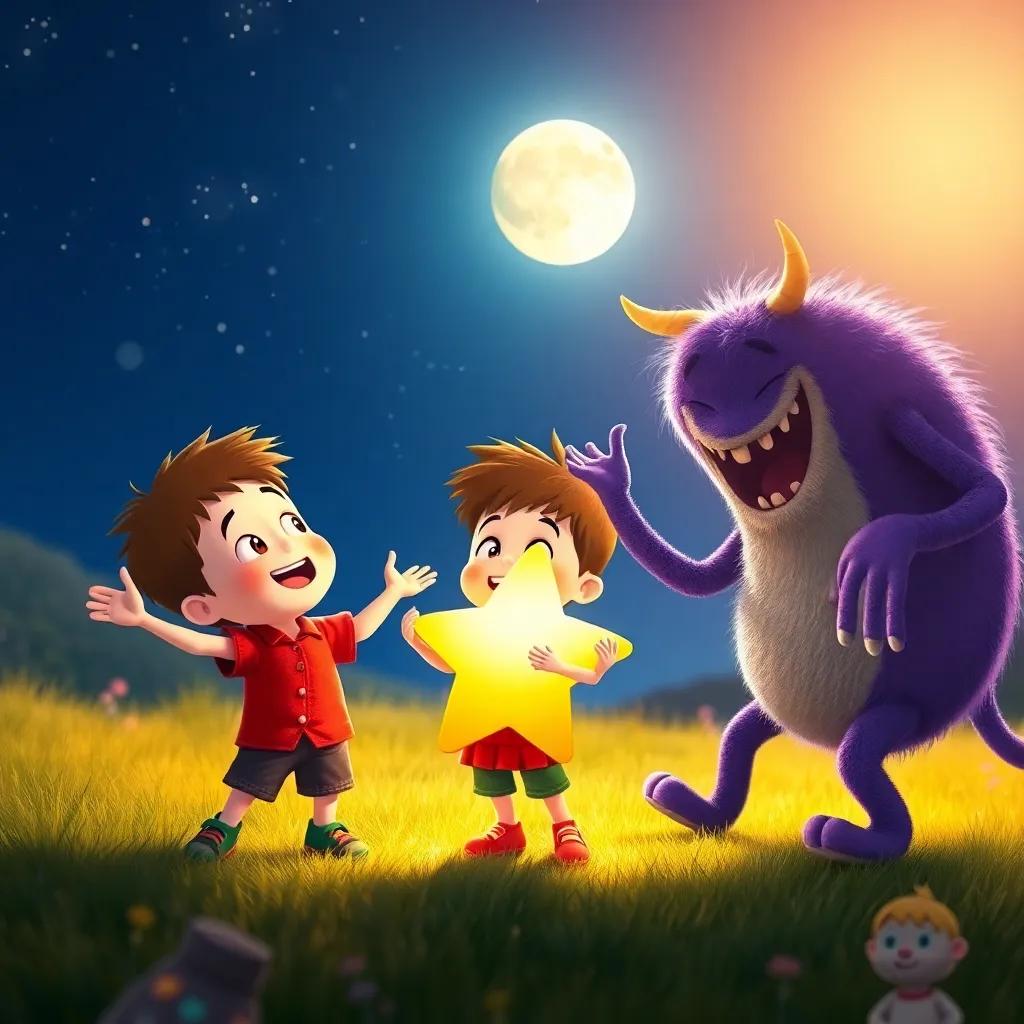 The little boy, the star, and the monster having fun, singing and dancing under the moonlight, joy and laughter filling the air, vibrant colors, heartwarming, inspiring imagery