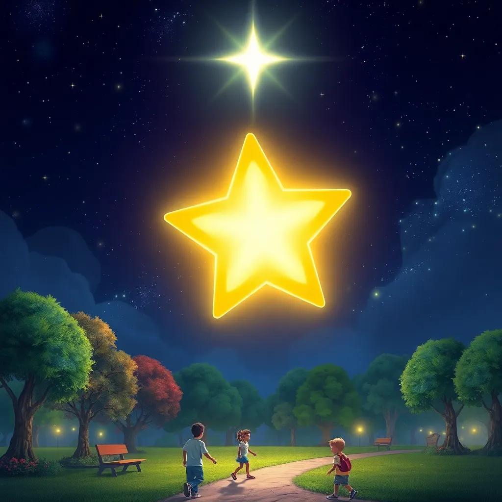 A bright star named Luminia, shining in a dark sky filled with twinkling stars, looking down at the earth where children play in a park, digital art, vibrant, magical atmosphere, high quality