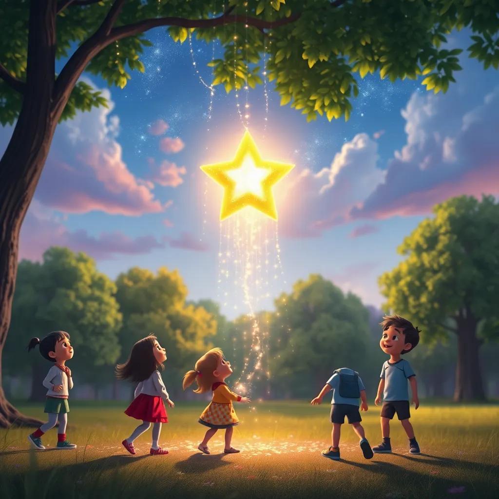 Luminia, the star, cascading down from the sky with shimmering trails of light, landing softly on the ground amidst surprised children in a park, digital art, joyful, dreamy, colorful