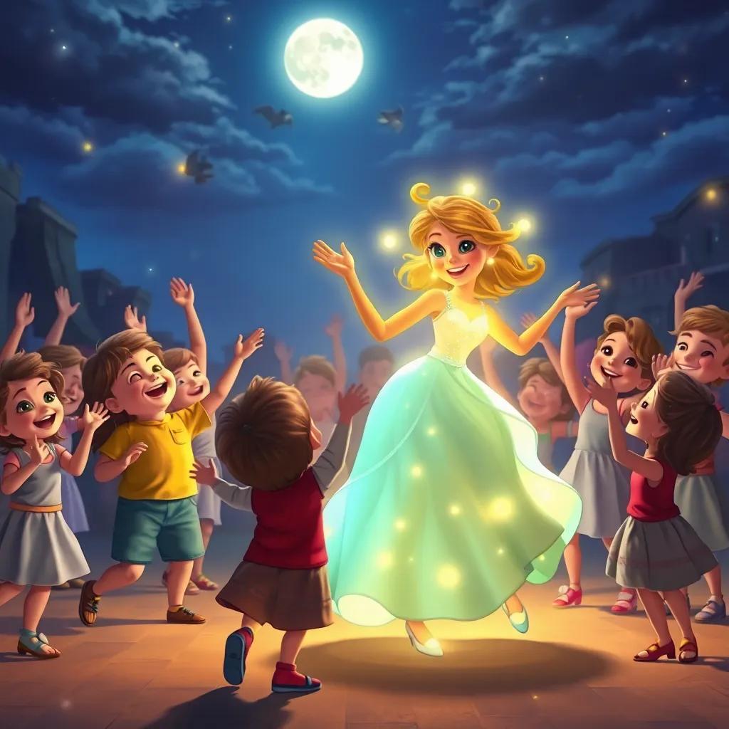 Luminia dancing joyfully, glowing brightly, surrounded by laughing children who are spinning and clapping their hands, under a moonlit sky, digital art, lively, enchanting scene, high quality