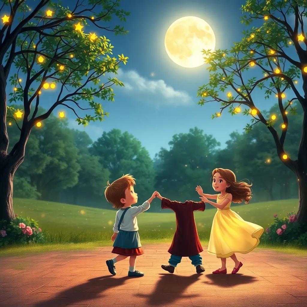 Children and Luminia dancing together in the park, with the moon above and a gentle breeze blowing, trees swaying softly, digital painting, magical, festive atmosphere, high quality