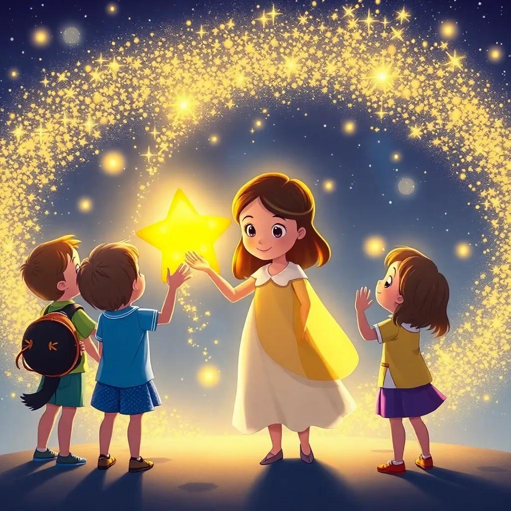 Luminia, the star, preparing to leave, with sparkling dust surrounding her, saying goodbye to the children who are waving with smiles, digital art, heartwarming, sweet farewell, high quality