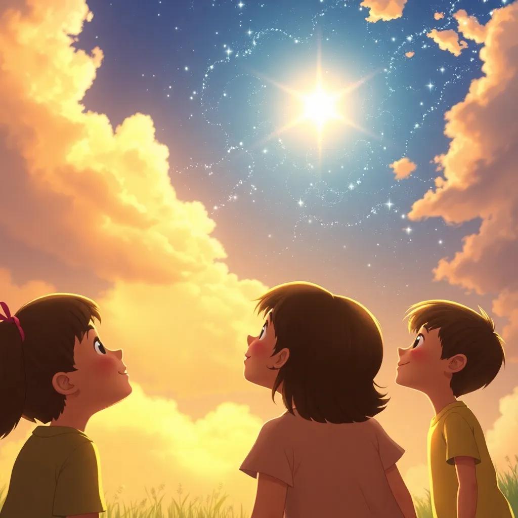 Luminia shining brightly in the sky again, looking down at the earth with a twinkling smile, as children below gaze up in admiration, digital art, inspirational, warm colors