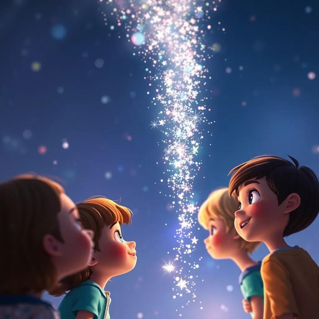 Close-up of Luminia's sparkles twinkling in the air, creating a trail of glitter, with children below looking up in amazement, digital art, playful, vibrant scene, high quality