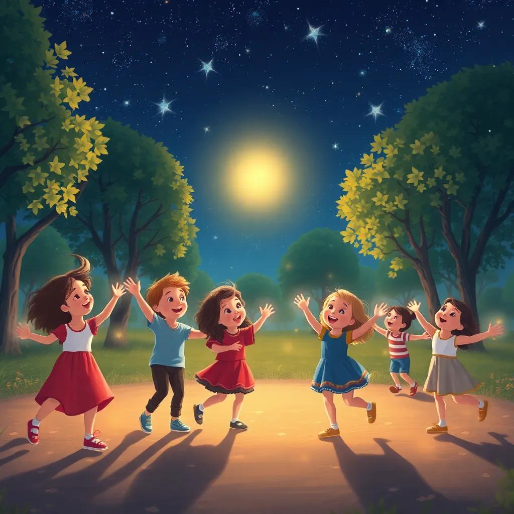 Children in the park spinning with joy, feeling Luminia's presence in their hearts, under a starry sky, digital painting, lively, warm atmosphere, high quality