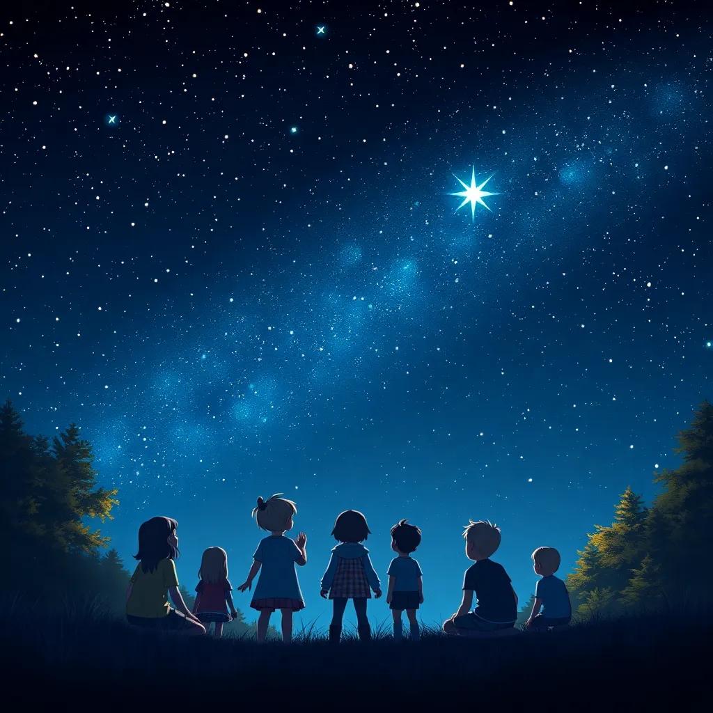 Night sky filled with stars, with Luminia glowing prominently, children gathered outside watching the stars, dreaming of dancing with her, digital art, magical, serene feeling, high quality