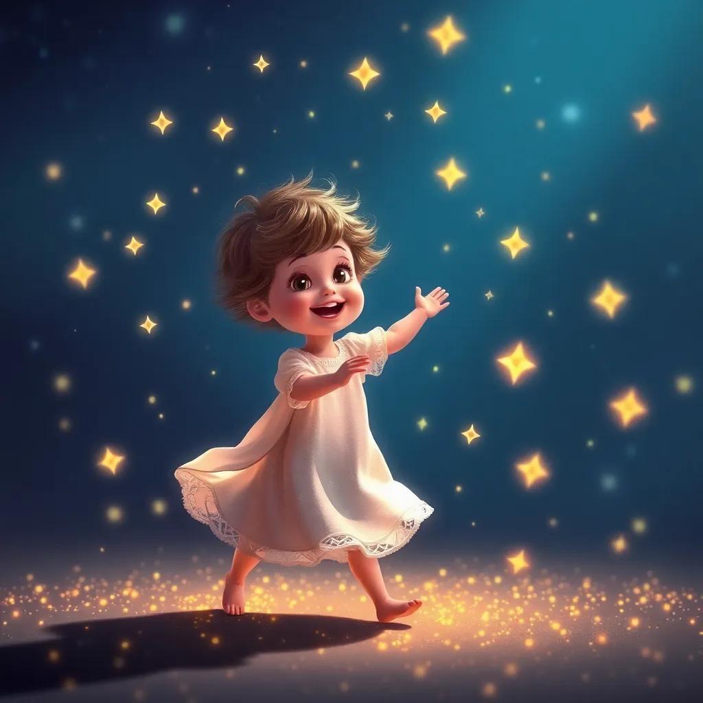 A child spinning with joy, feeling the spirit of Luminia dancing in their heart, with twinkling stars surrounding them, digital art, enchanting, captivating scene, high quality