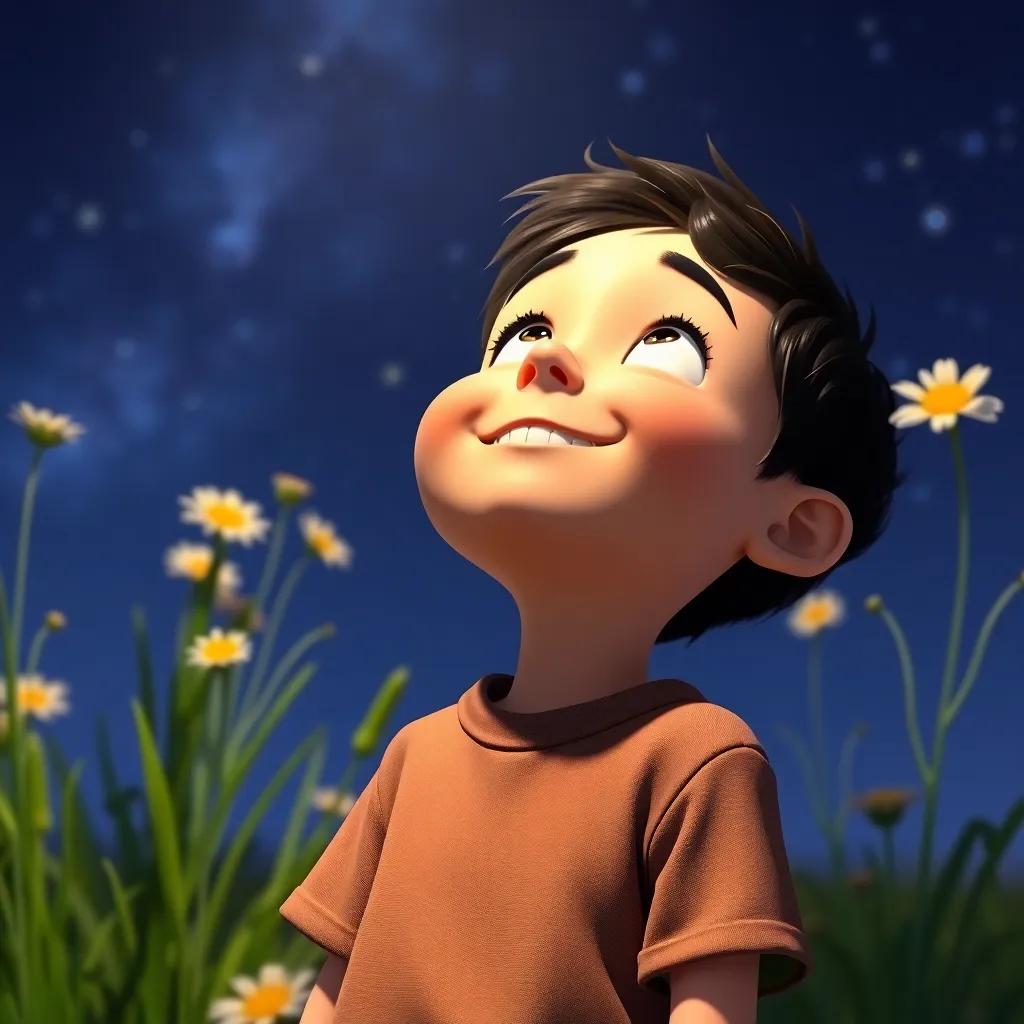 A young boy named Pablo looking up at the sky, smiling with wonder, surrounded by grass and flowers, night time, whimsical style, cheerful mood, child-friendly