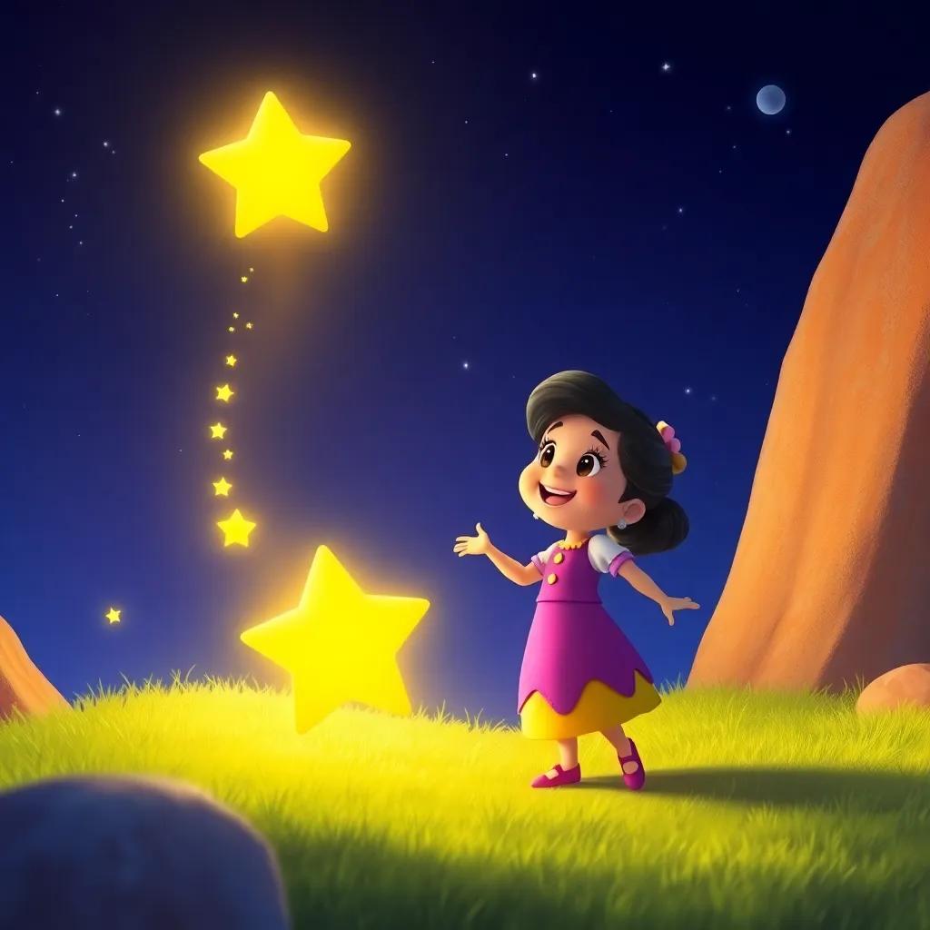 Estrellita the star glowing as she descends towards Pablo, illuminating the dark sky, with a joyful expression, playful and inviting, colorful scene, dreamy quality