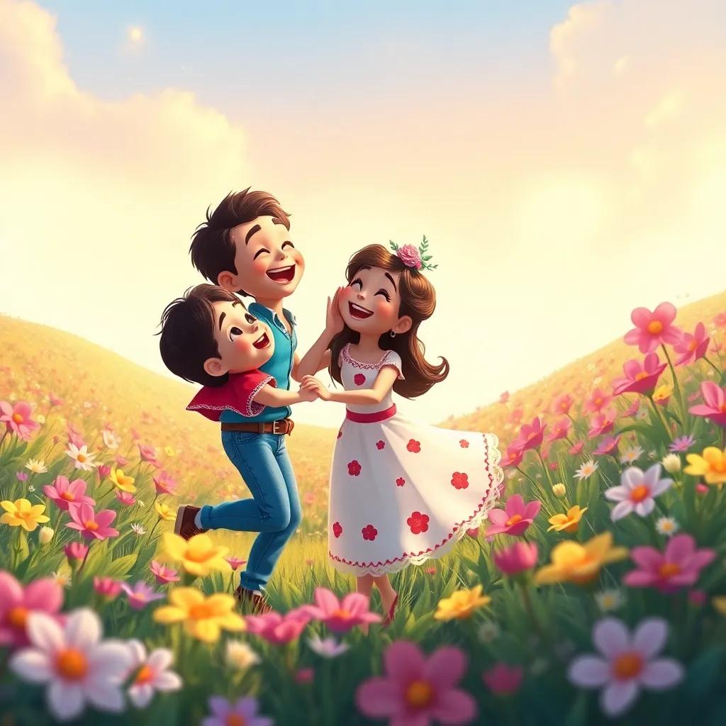 Pablo and Estrellita playing together in a field of flowers, dancing and laughing, joyful atmosphere, bright colors, childlike wonder, enchanting illustration