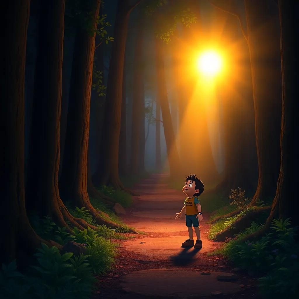 A dark path in a forest with Estrellita shining brightly to guide Pablo, who looks brave and happy, magical light illuminating the trees, warm colors, comforting feel