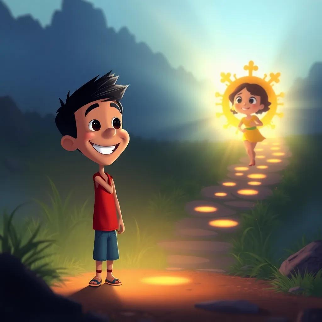 Pablo smiling brightly as Estrellita guides him, the path glowing with her light, surrounded by shadows turning to light, uplifting atmosphere, vibrant scene