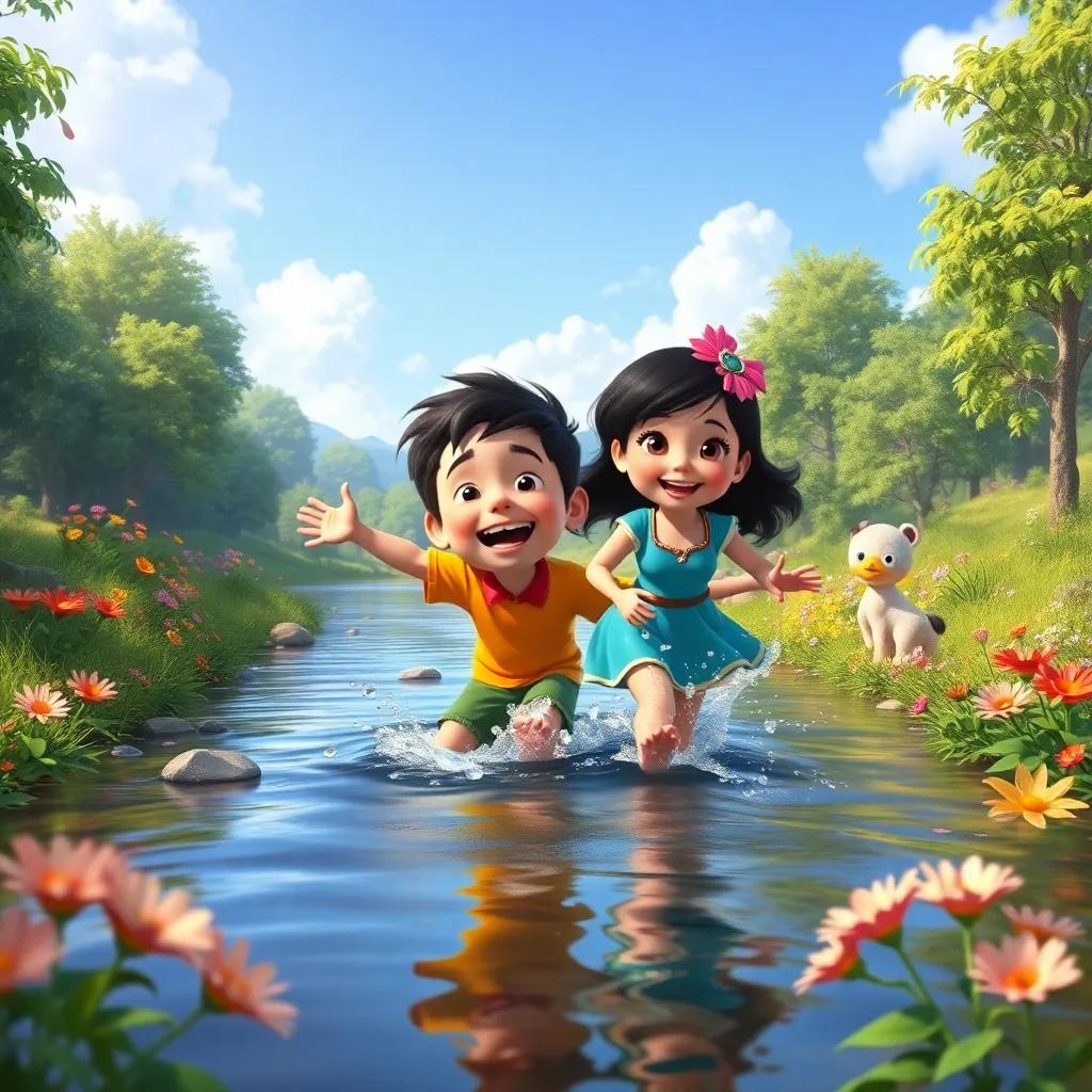 Pablo joyfully exploring with Estrellita, splashing in a river, surrounded by flowers and trees, a sense of adventure and friendship, bright and colorful