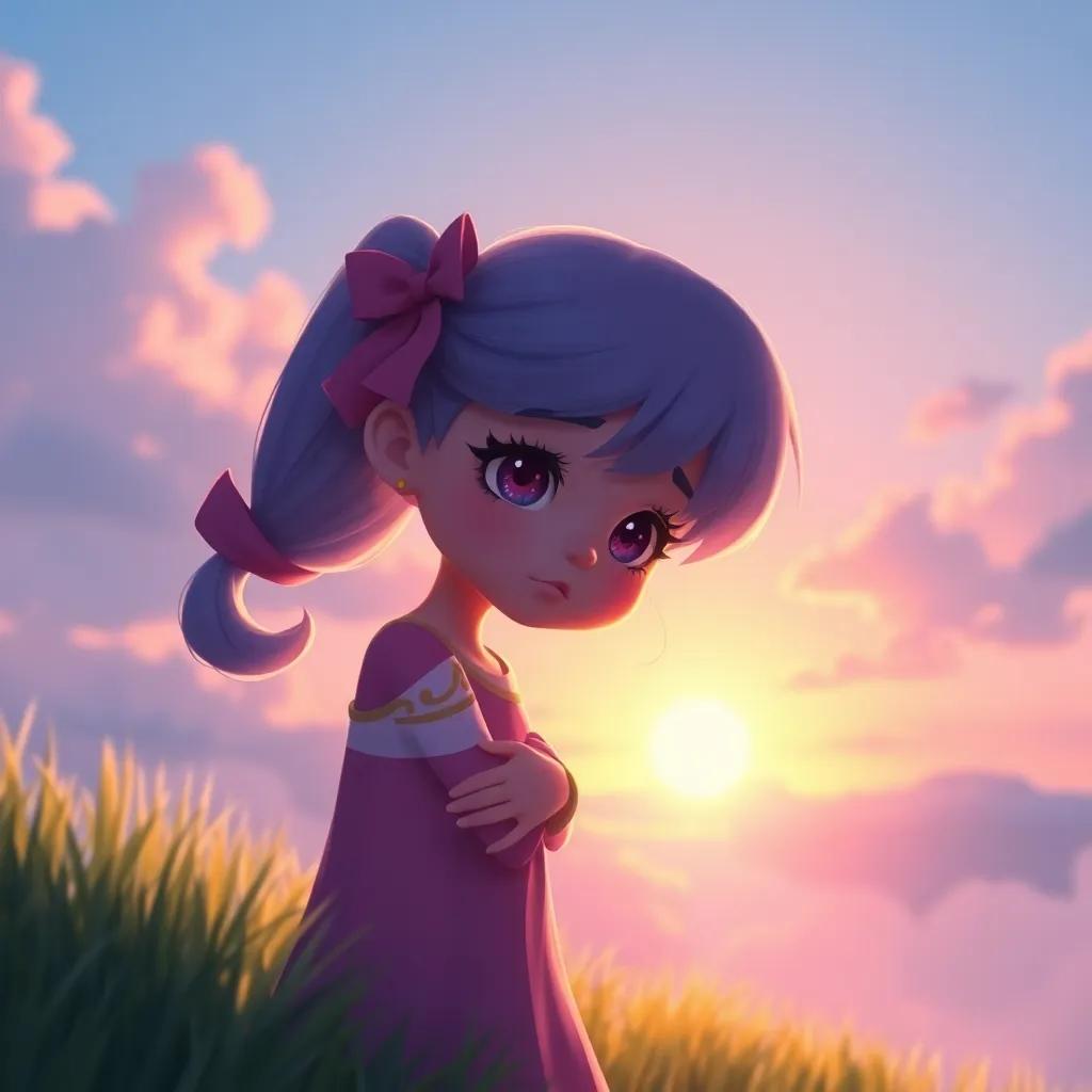 Estrellita looking sad as morning light approaches, floating towards the sky, peaceful scene, gentle colors, emotional quality