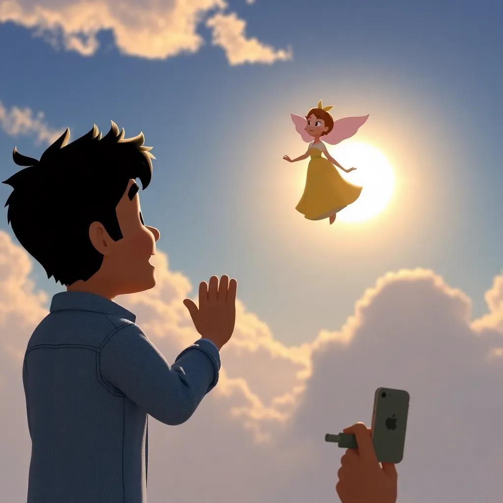 Pablo waving goodbye to Estrellita as she returns to the sky, a sense of hope and friendship in the air, bright sun rising in the background, heartwarming scene