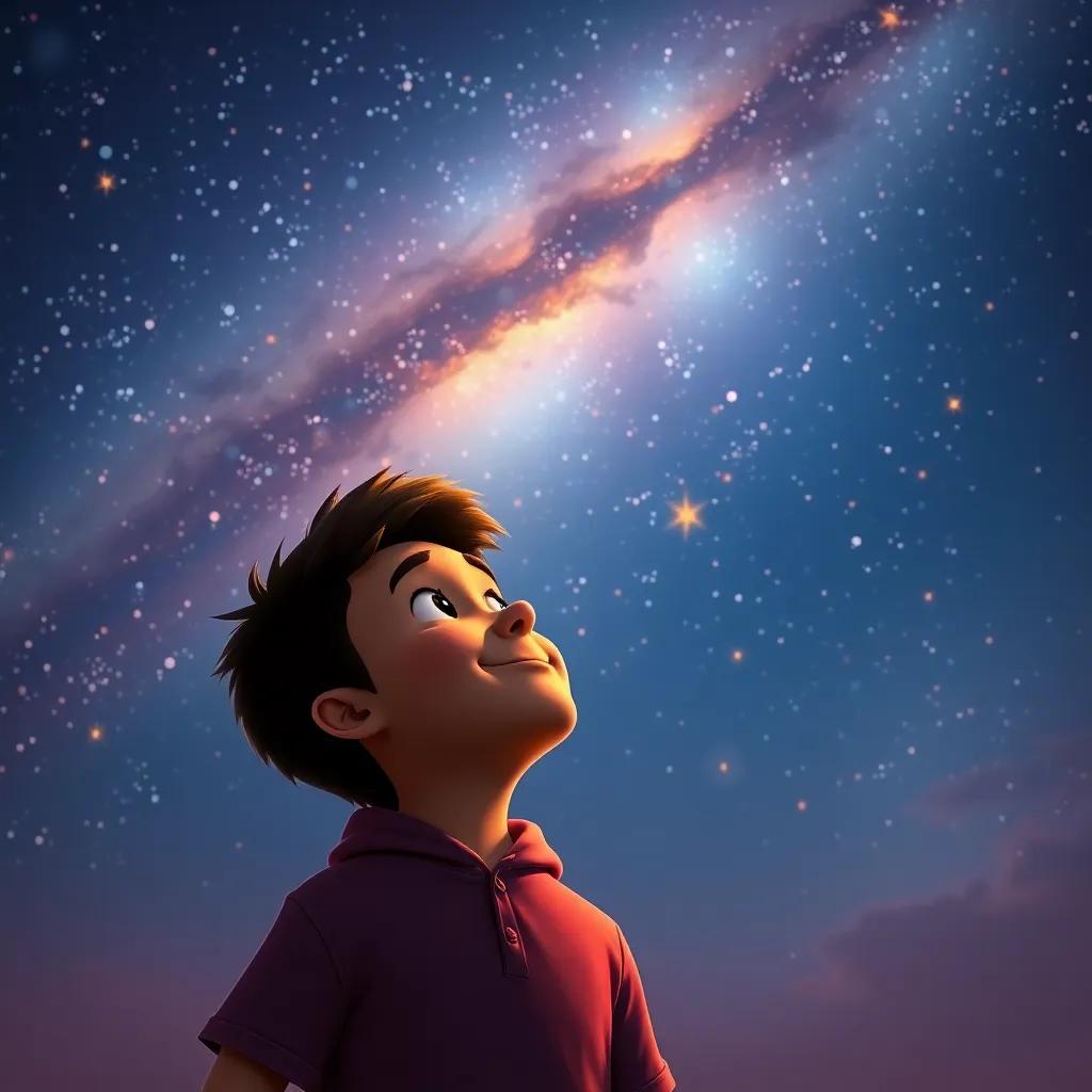 Pablo gazing up at the night sky, smiling and feeling connected to Estrellita, filled with stars and a warm glow, nostalgic and dreamy atmosphere