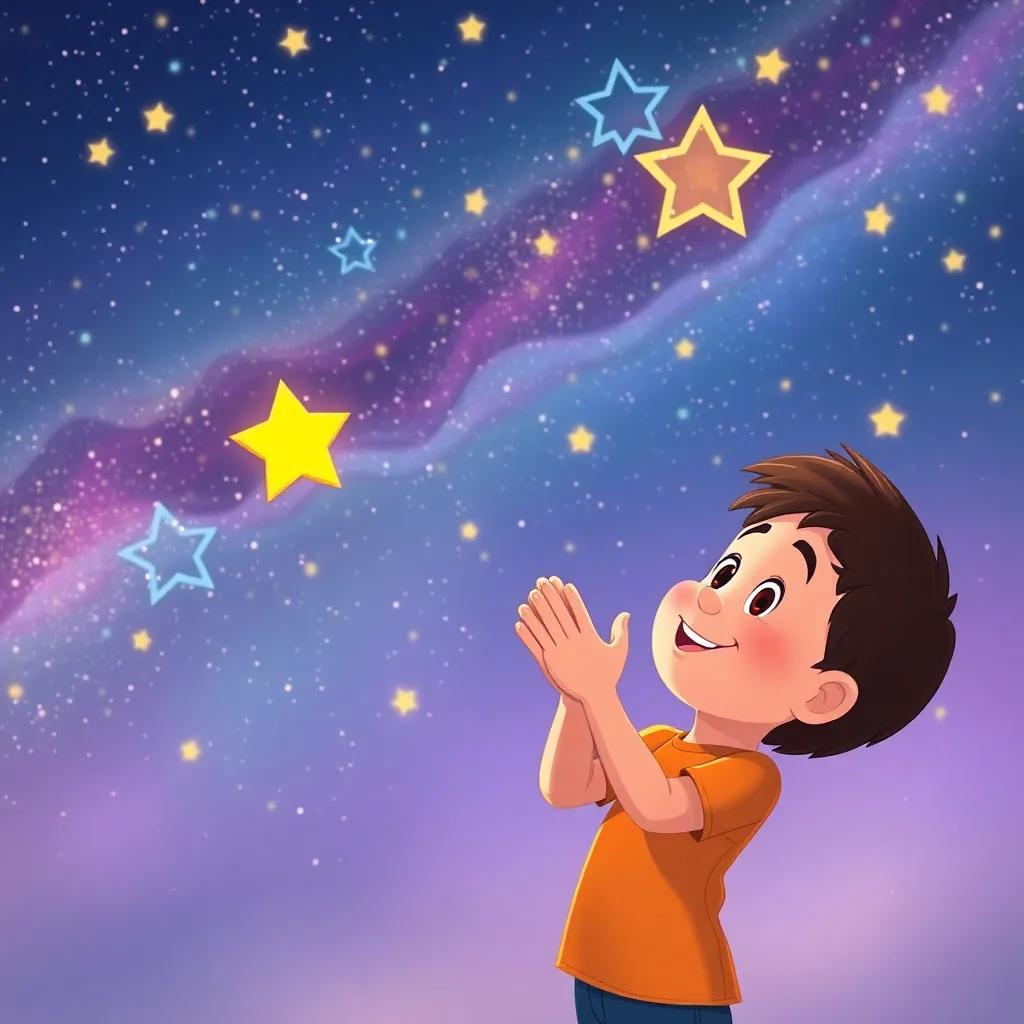 Mateo encouraging Lucita, a small star, while clapping his hands and smiling, under a colorful night sky filled with stars, illustration, uplifting, joyful atmosphere, bright colors, high quality