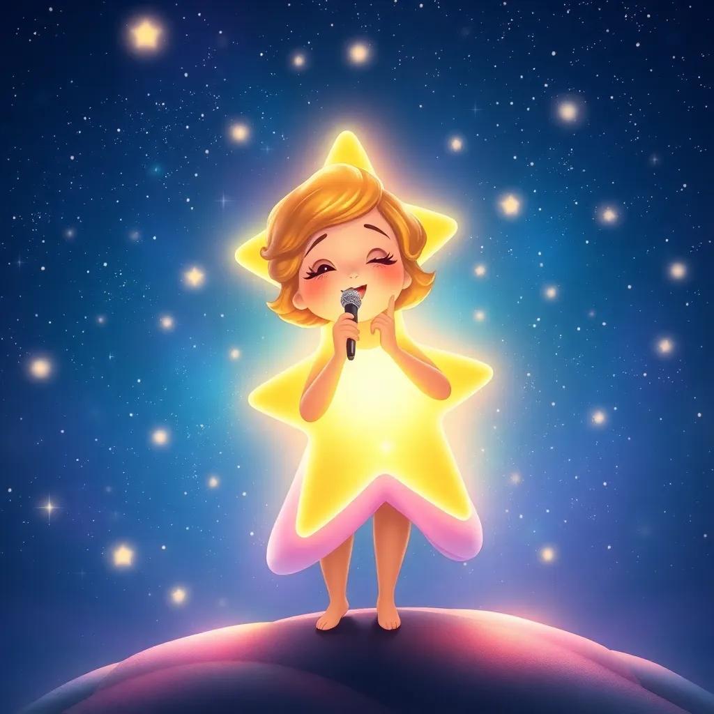 Lucita the star practicing singing, surrounded by sparkling light and twinkling stars, filling the sky with her bright glow, digital painting, enchanting, vibrant, high quality